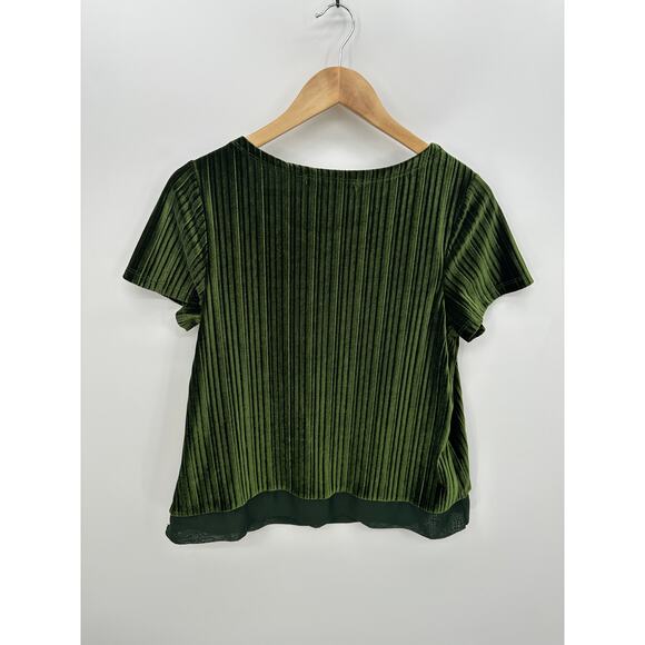 Signature Collection Green Velvet Tee Women Small Short Sleeve Striped Velour - Picture 2 of 7